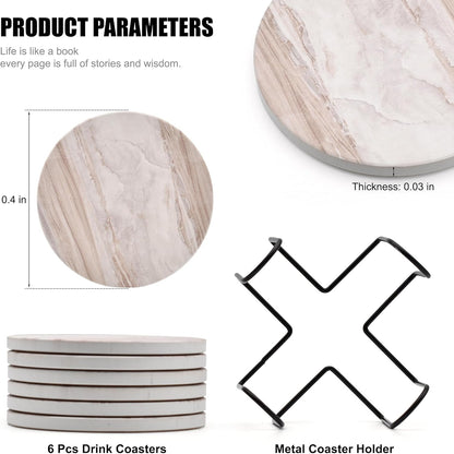 6Pcs Drink Coasters with Holder, Marble Style Ceramic Drink Coaster, Absorbent Coasters Set Suitable for Kinds of Cups, Modern Style Coaster for Coffee Table, 4 Inches