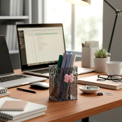 Artistic Acrylic Pen Holder Cute, Clear Stylish Pencil Holder for Desk, Black Transparent Makeup Brush Holders with Woven Texture and a Pink Bow, Clear Pencil Organizer Pen Caddy for Desk Accessories