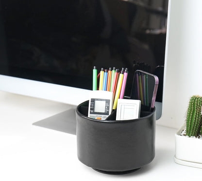 Round Leather Art Supply Organizer,Remote Control Holder,360 Degree Rotating,Multi-Functional Pencil Holder,4 Compartments Desktop Stationary Organizer(1-Fractal Flower) | Round - Colors A