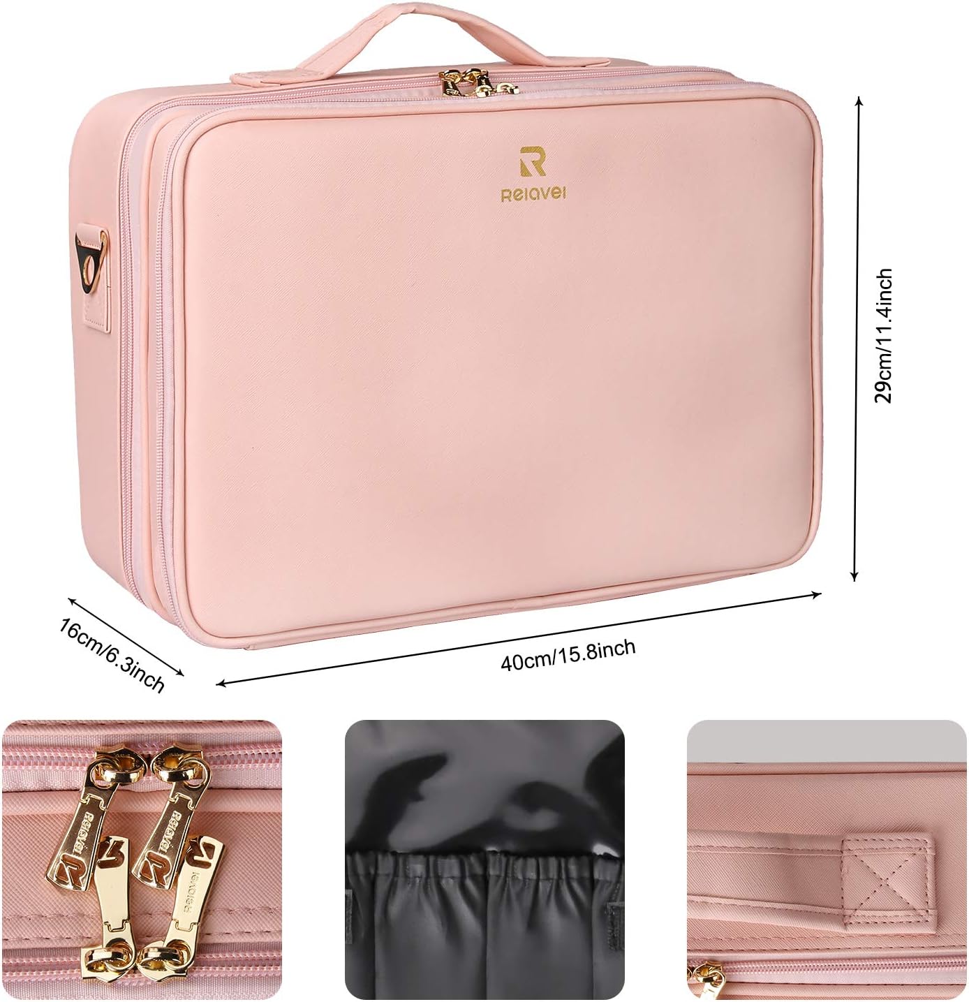 Relavel Makeup Case Large Makeup Bag Professional Train Case 16.5 inches Travel Cosmetic Organizer Brush Holder Waterproof Makeup Artist Storage Box, 3 Layer Large Capacity, with Adjustable Strap