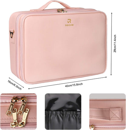 Relavel Makeup Case Large Makeup Bag Professional Train Case 16.5 inches Travel Cosmetic Organizer Brush Holder Waterproof Makeup Artist Storage Box, 3 Layer Large Capacity, with Adjustable Strap