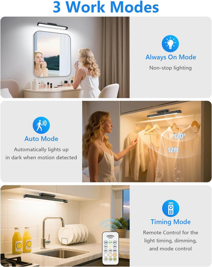 Ferswe 3W Motion Sensor Magnetic Light Bar,Eye-Friendly Rechargeable Closet Lights with Battery Display,2000mAh Vanity Lights for Mirror, Rechargeable Light Bar for Cabinet, Closet, Bathroom and Desk