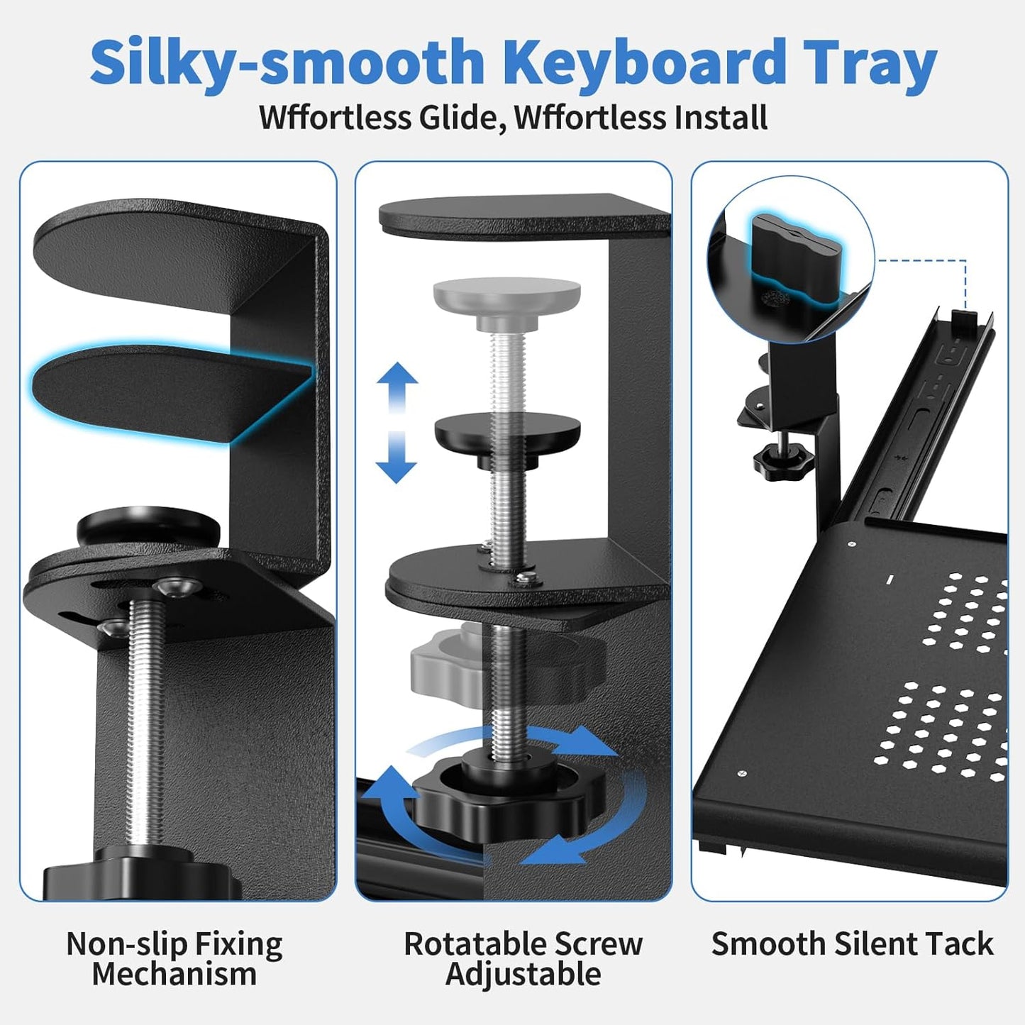 Keyboard Tray Under Desk - Full Metal Slide Out Holder, Rust-Resistant & Scratch-Proof, Double C-Clamps, 26x13" Tray for L Shape/Regular Desks, Standing/Sitting Workstation(Black-B)