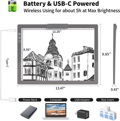 A4 Wireless LED Light Pad with Carry Bag, Innovative Stand and Top Clip, TOHETO Rechargeable Light Box Stepless Dimmable and 6 Levels Brightness Cordless Light Board for Tracing Weeding Vinyl (Black)
