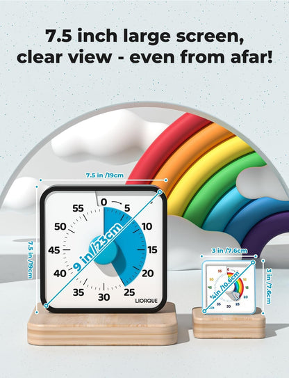 LIORQUE 60 Minute Visual Timer for Kids and Adults, Non-Ticking 7.5 Inch Large Visual Countdown Timers for Classroom Desk Countdown Clock with Magnetic Backing, Kids Pomodoro Timer Clock