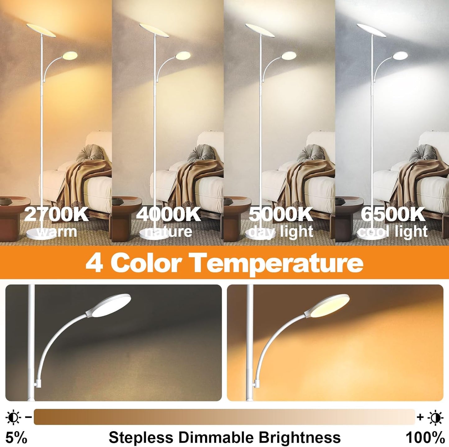 marctronic Floor Lamps for Living Room, 44W/4500LM Super Bright 2 in 1 LED Floor Lamp with Remote, Stepless Dimmable, 69" Tall Standing Floor Lamp with Bendable Reading Light for Bedroom Office