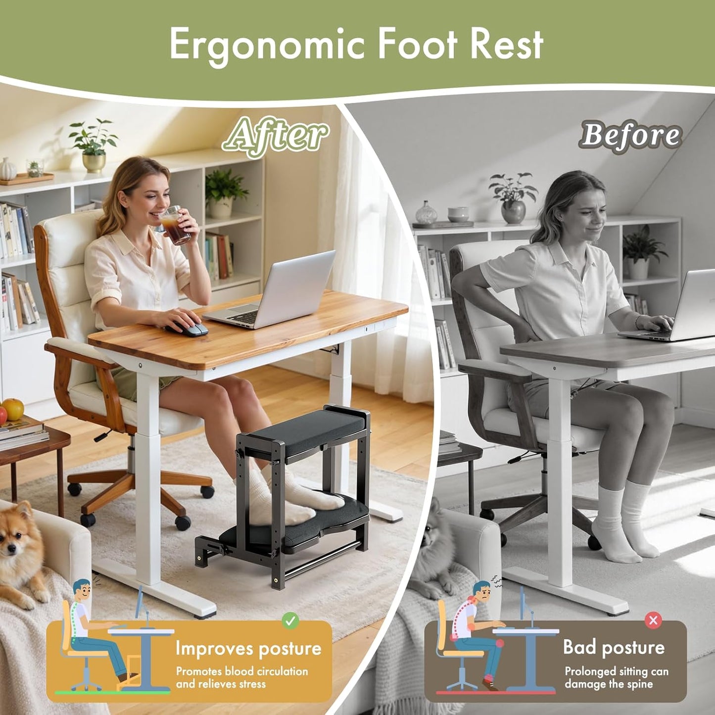 Double Step Foot Rest Under Desk, Adjustable Wooden Desk Foot Rest with 4 Heights, Ergonomic Foot Stool with Cushion for Office, Gaming & Study (Natural Color)