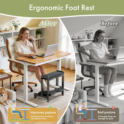 Double Step Foot Rest Under Desk, Adjustable Wooden Desk Foot Rest with 4 Heights, Ergonomic Foot Stool with Cushion for Office, Gaming & Study (Natural Color)