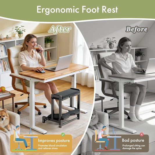 Double Step Foot Rest Under Desk, Adjustable Wooden Desk Foot Rest with 4 Heights, Ergonomic Foot Stool with Cushion for Office, Gaming & Study (Natural Color)