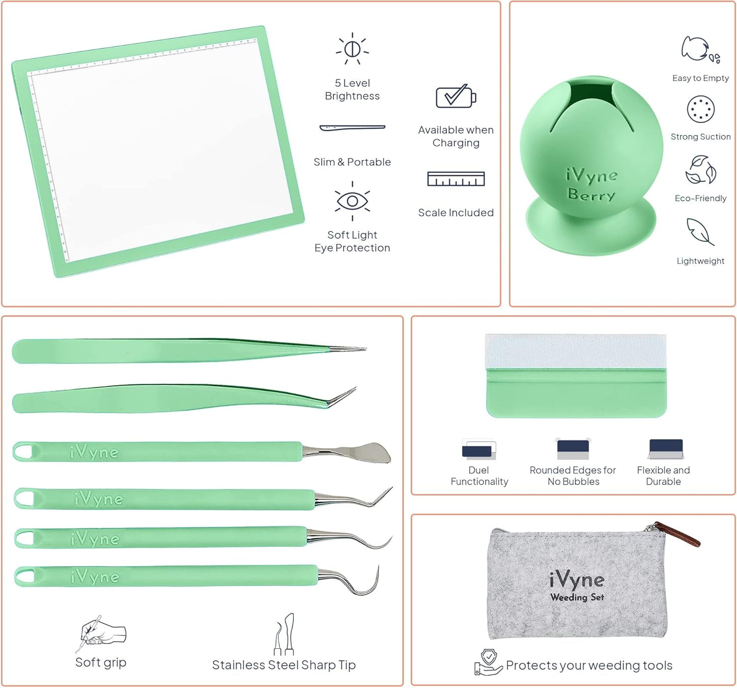 iVyne Complete Set Rechargeable A4 Light Pad, Weeding Tools for Vinyl, Scrap Collector for Cricut and Silhouette Machines for Every Tracing, Drawing Projects (Green)