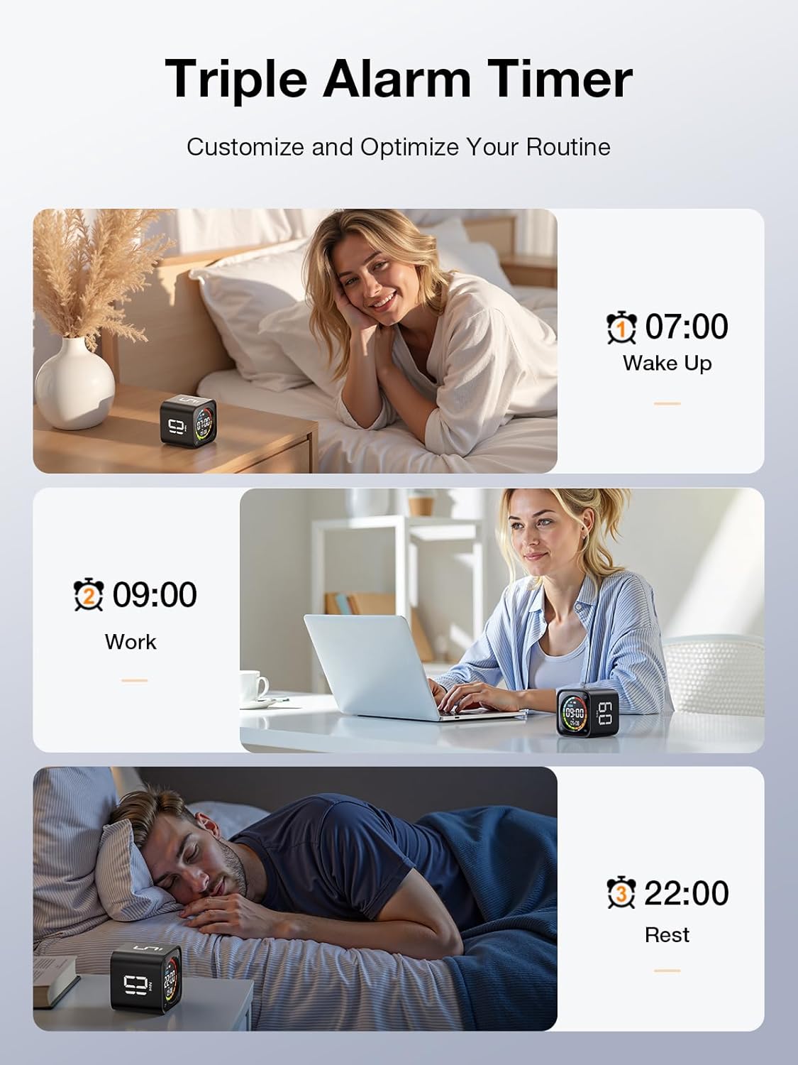 Ticktime TK3 Pomodoro Timer Cube, Productivity Timer, 5/10/30/60 Min Presets, Custom Countdown, Stopwatch & Clock, Triple Alarms, Silent/Vibration/Sound Alerts, Rechargeable for ADHD Study Task, Black