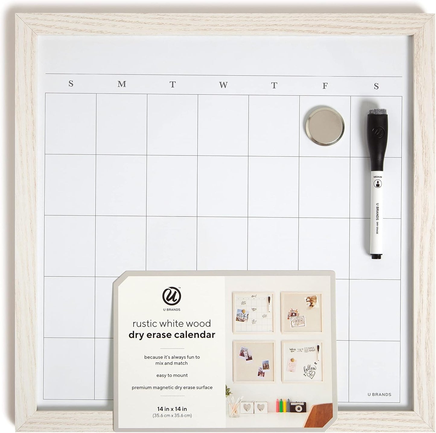 U Brands Rustic Weekly Dry Erase Board with White Wooden Frame, Office Supplies, 14” x 14”