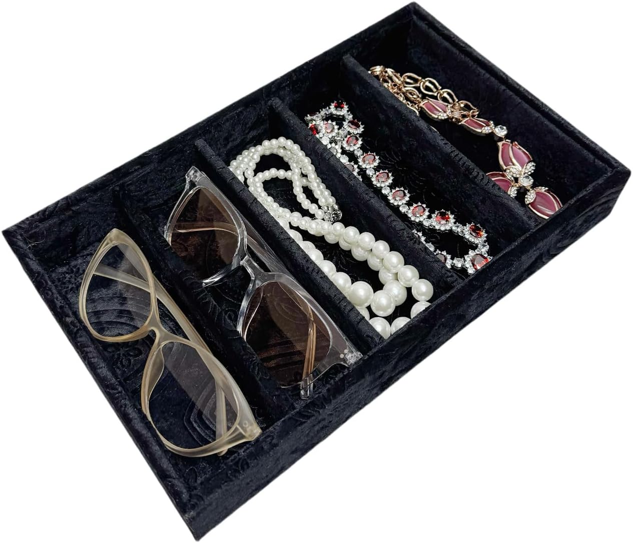 AgentMoon 5-Compartment Velvet Sunglasses & Jewelry Organizer Tray – Adjustable Dividers, Sturdy Wood, Non-Slip Storage for Watches, Glasses, Bracelets, Desk or Drawer.(Tabby Red)