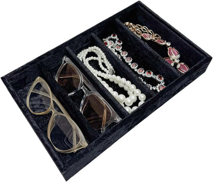 AgentMoon 5-Compartment Velvet Sunglasses & Jewelry Organizer Tray – Adjustable Dividers, Sturdy Wood, Non-Slip Storage for Watches, Glasses, Bracelets, Desk or Drawer.(Tabby Red)