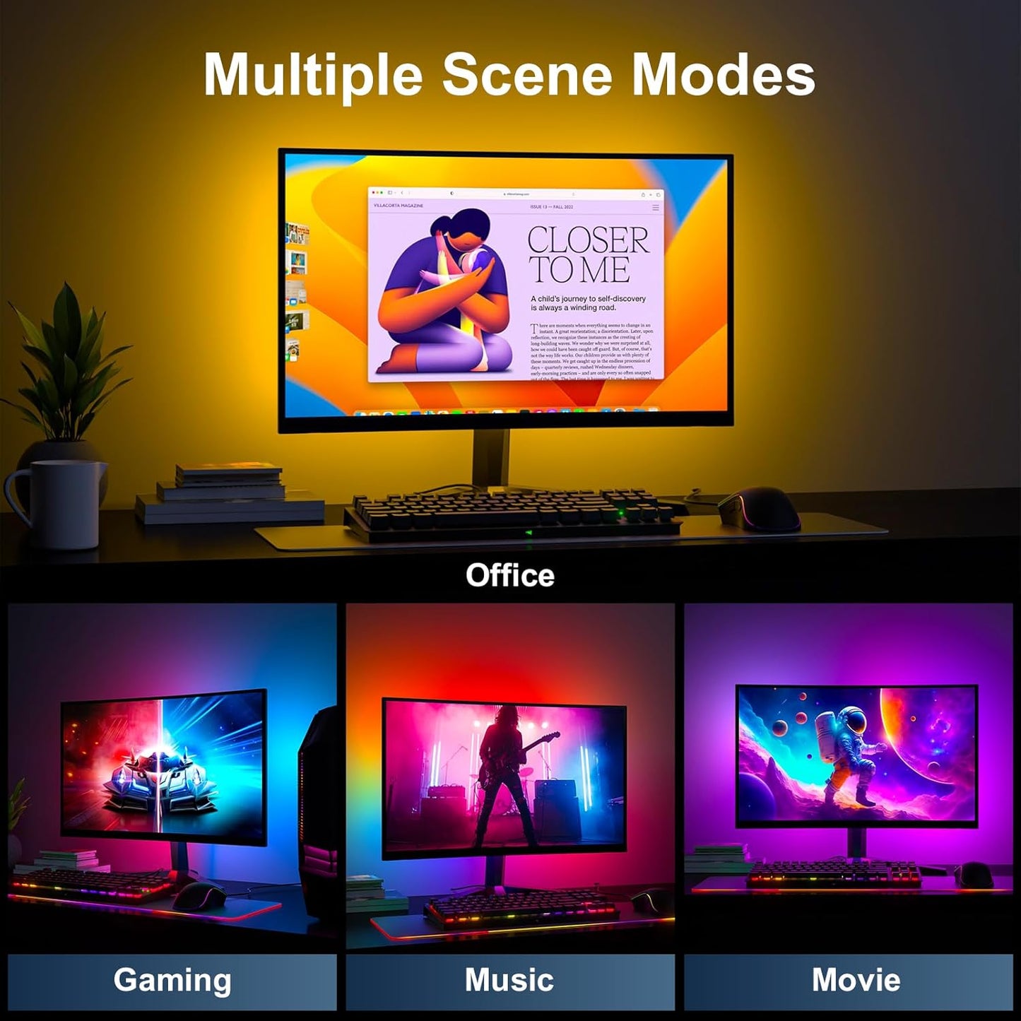Monitor LED Backlights, 4-Side 24-32inch LED Strip Light Sync with Screen Color/Music, Computer Light Bar Behind Screen, for PC/Mac, LEDs for Desk Gaming, USB Interface (4-Side 27inch)
