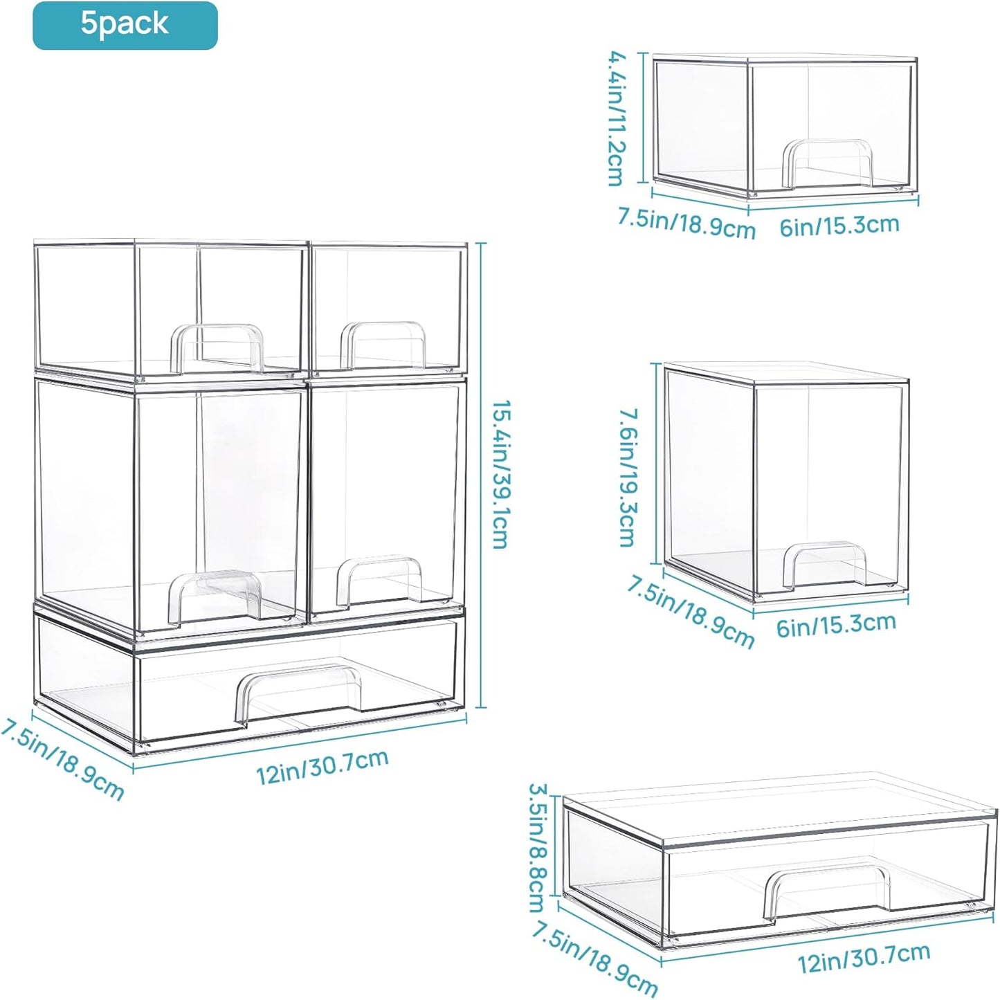 Vtopmart Stackable Storage Drawers Set of 3,Clear Plastic Organizer Bins for Makeup, Cosmetics, Beauty Supplies,Ideal for Vanity, Bathroom,Cabinet,Pantry Organization
