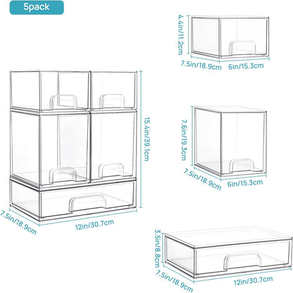 Vtopmart Stackable Storage Drawers Set of 3,Clear Plastic Organizer Bins for Makeup, Cosmetics, Beauty Supplies,Ideal for Vanity, Bathroom,Cabinet,Pantry Organization
