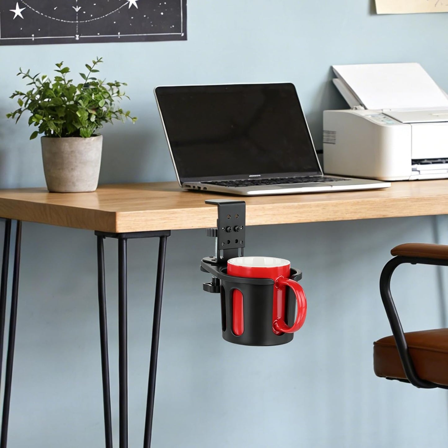 MYITYARD Desk Cup Holder Clamp, Anti-Spill Clip On Table Cup Holder, Rotatable Water Bottle Stand Drink Coffee Mug Storage, Office Accessories for Home and School (Black)