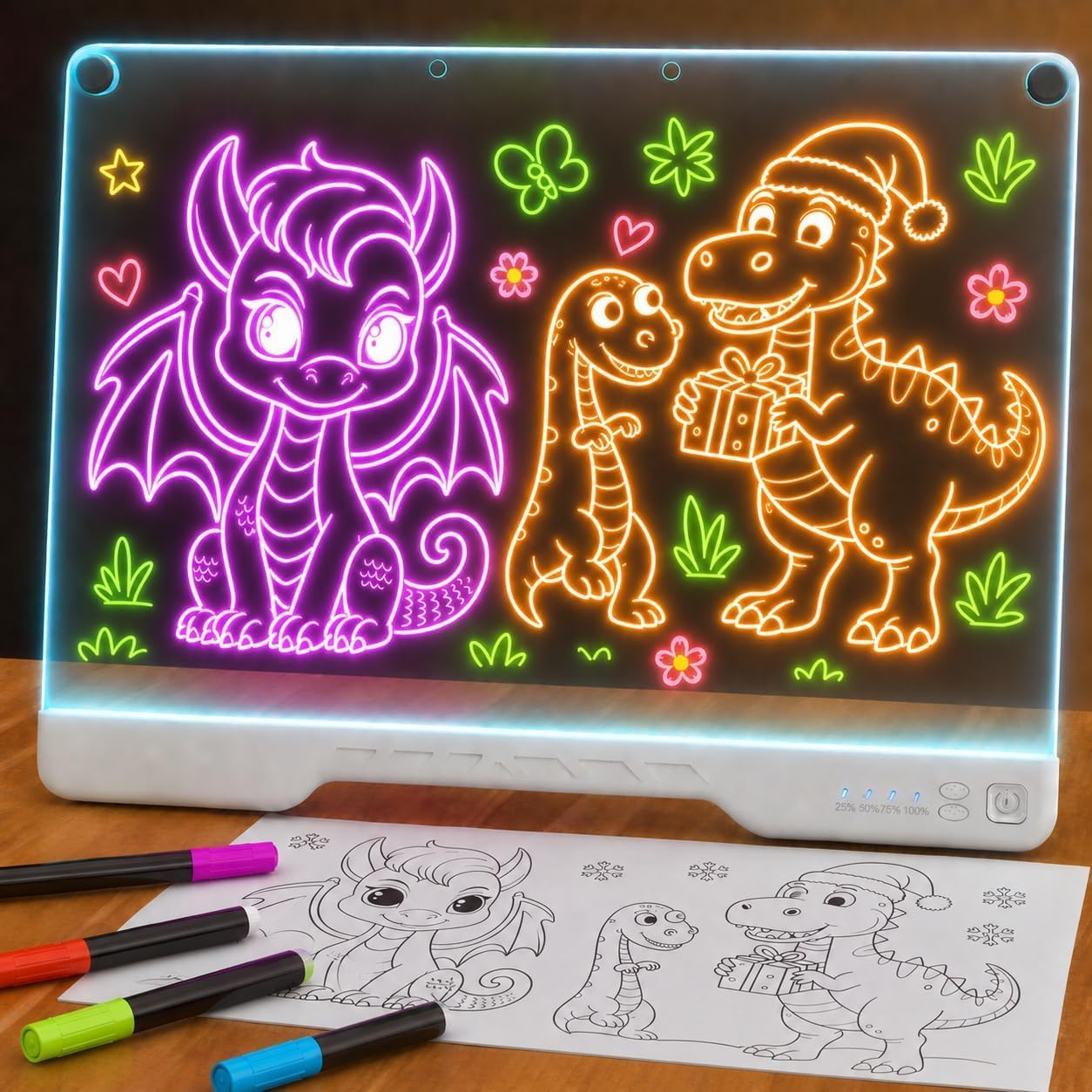 Upgraded 16-Inch LED Drawing Board Rechargeable – 7 Colors, 10 Lighting Effects, Adjustable Brightness – Acrylic Light Board for Tracing with Stand, Markers & Complete Set – Birthday Gift Idea (Black)