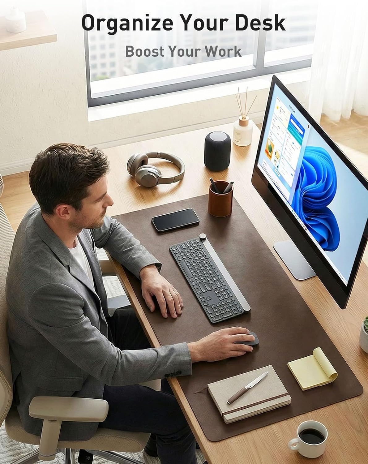 Aothia Leather Desk Pad Protector, Mouse Pad, Office Desk Mat, Non-Slip PU Leather Desk Blotter, Laptop Desk Pad, Waterproof Desk Writing Pad for Office and Home(Dark Blue,31.5" x 15.7") - Colors B