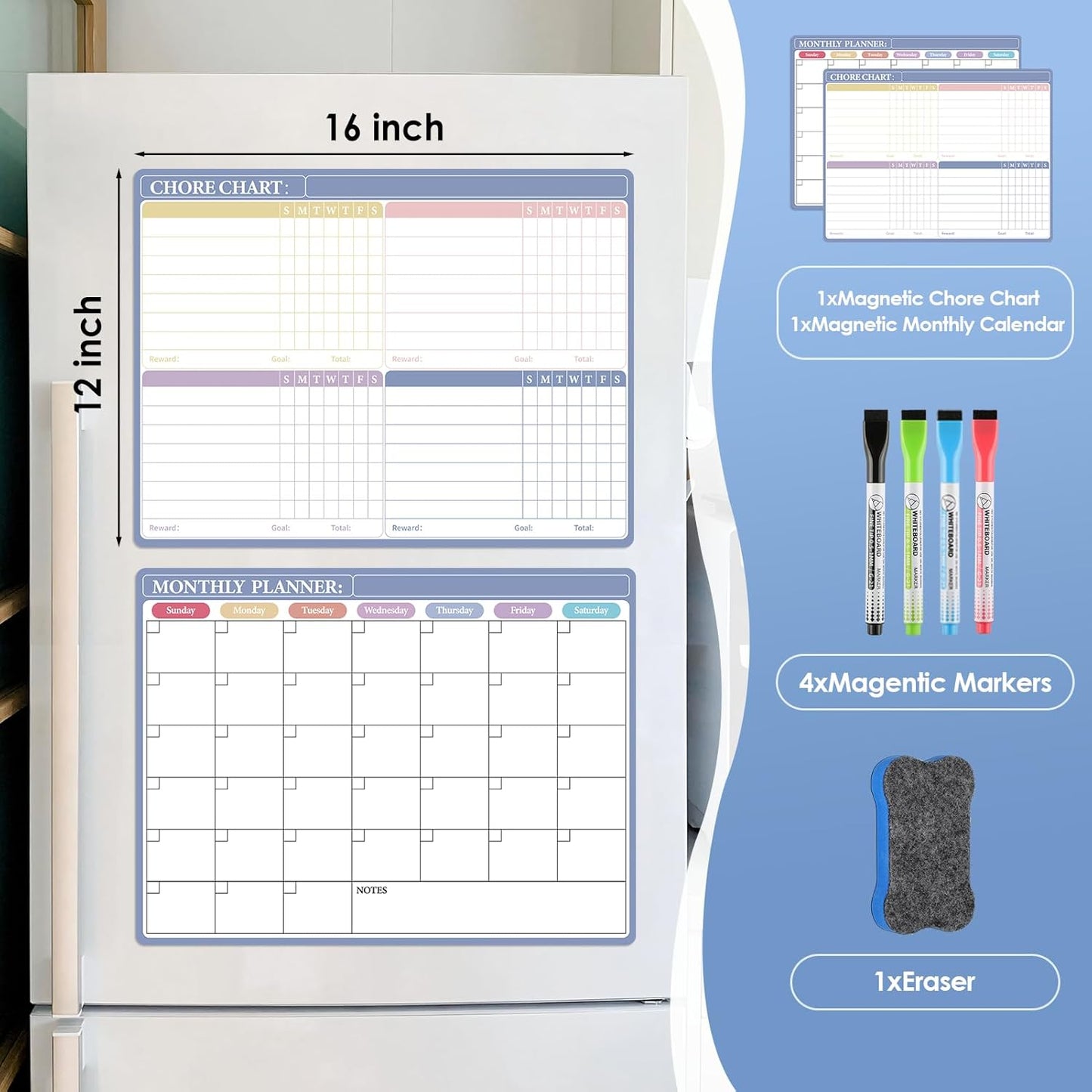 MaxGear Weekly Dry Erase Board for Fridge, 16"x12" Magnetic Calendar Whiteboard Planner for Refrigerator with Stain Resistant Technology, Include 7 Fine Point Markers and 1 Eraser
