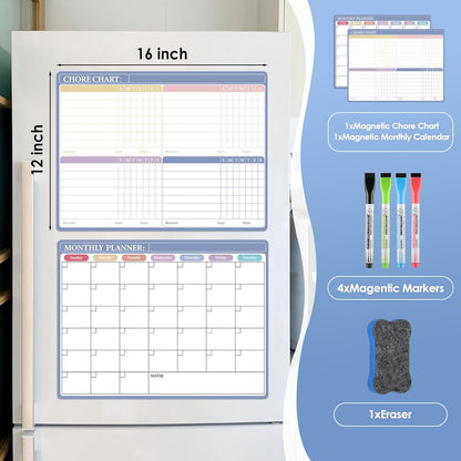 MaxGear Weekly Dry Erase Board for Fridge, 16"x12" Magnetic Calendar Whiteboard Planner for Refrigerator with Stain Resistant Technology, Include 7 Fine Point Markers and 1 Eraser