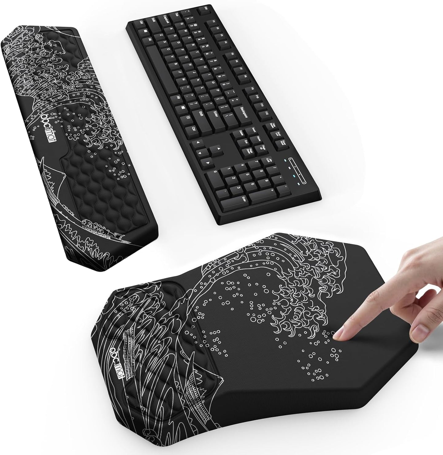 Ergonomic Mouse Pad and Keyboard Wrist Rest Support Set, Massage Design Mousepad for Carpal Tunnel Pain Relief, Memory Foam, Non-Slip PU Base for Computer Desk, Black