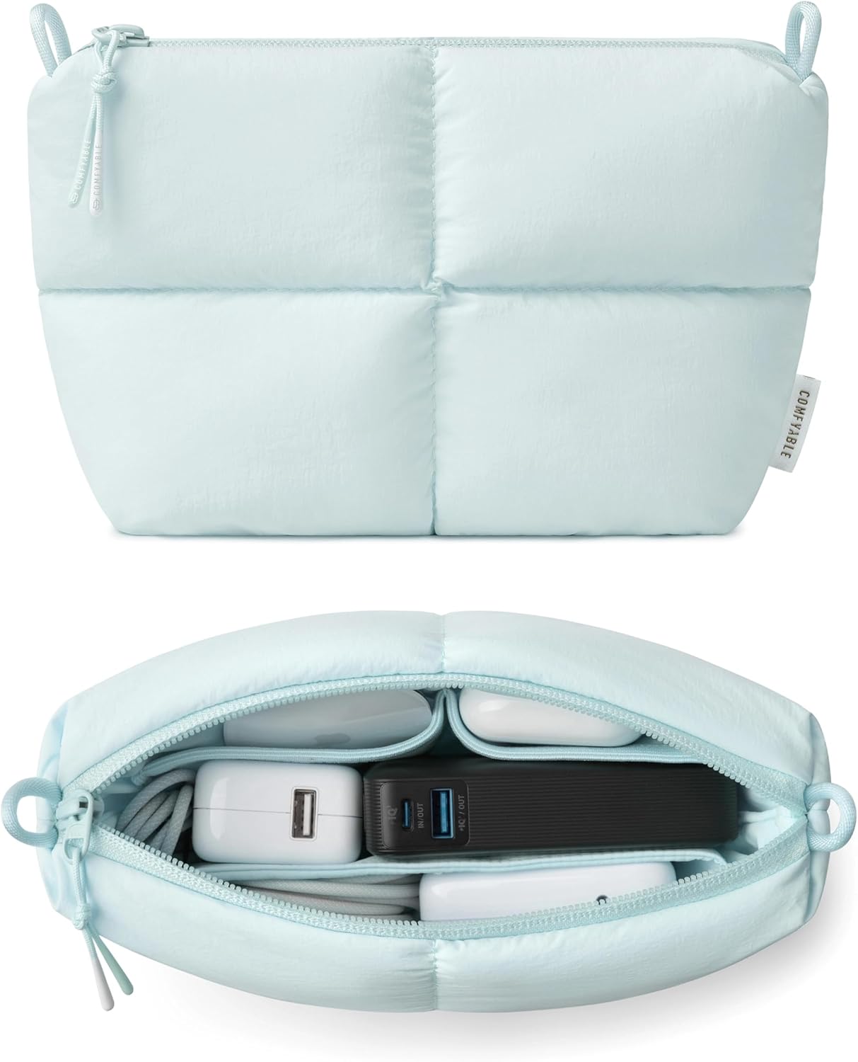 Comfyable Puffy Electronics Organizer Travel Case, Cute Tech Pouch for Women Men, Cable Storage Bag for Charger, Phone, Power Bank, Cord, Compact Tech Accessories Pouch, Rice
