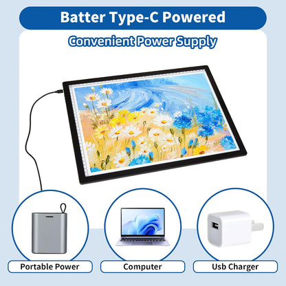 Rechargeable A3 LED Light Pad, 6-Levels Brightness & Adjustable Stand for Diamond Painting, Tracing, Art Large Drawing Board with Clip (16.5"x11.7")