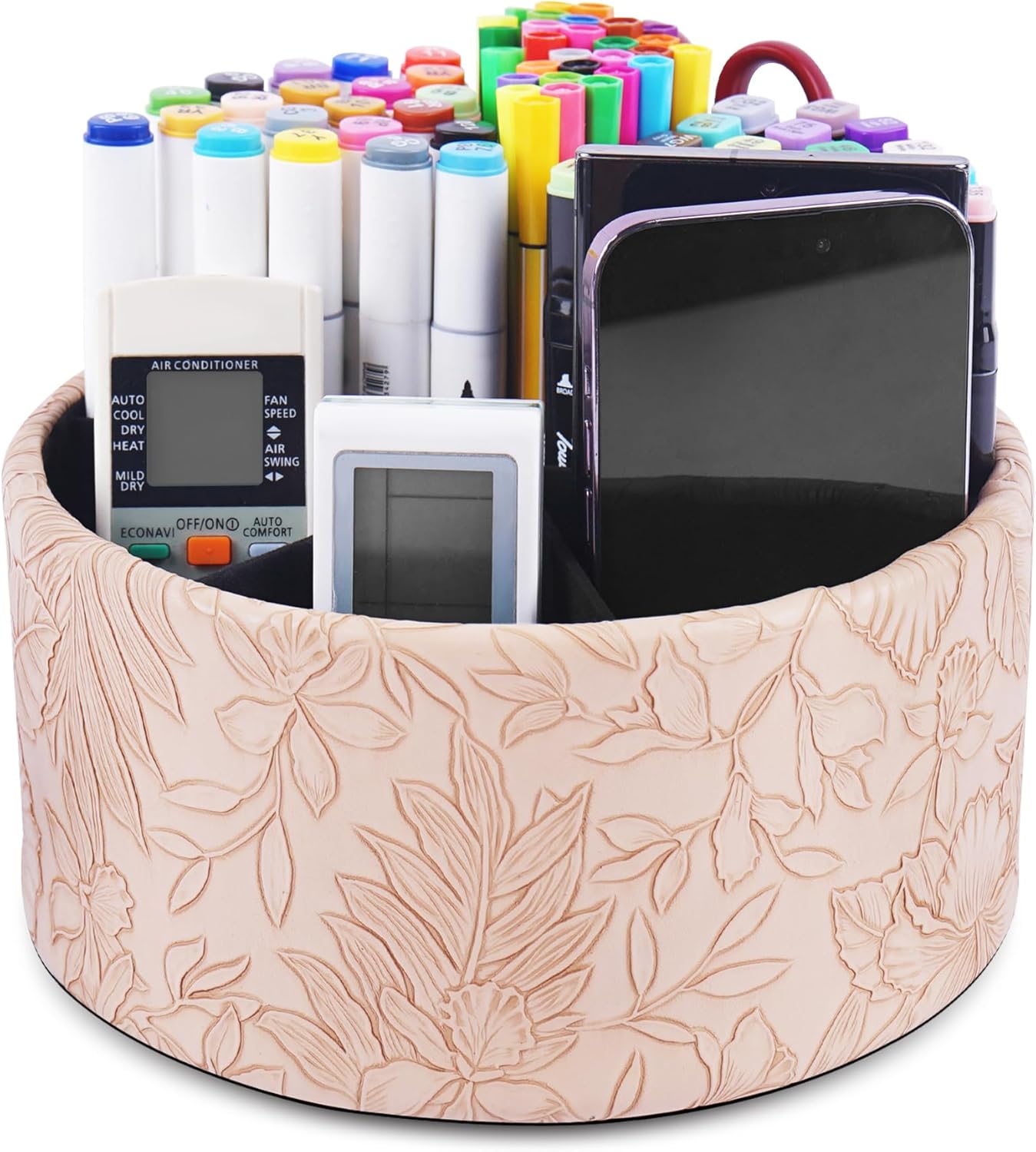 Round Leather Art Supply Organizer,Remote Control Holder,360 Degree Rotating,Multi-Functional Pencil Holder,4 Compartments Desktop Stationary Organizer(1-Fractal Flower) | Round - Colors A