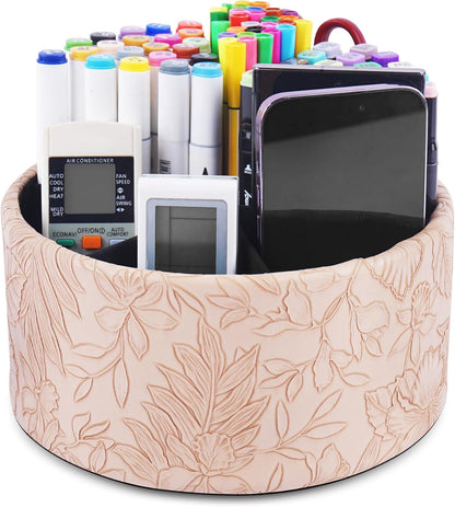 Round Leather Art Supply Organizer,Remote Control Holder,360 Degree Rotating,Multi-Functional Pencil Holder,4 Compartments Desktop Stationary Organizer(1-Fractal Flower) | Round - Colors A
