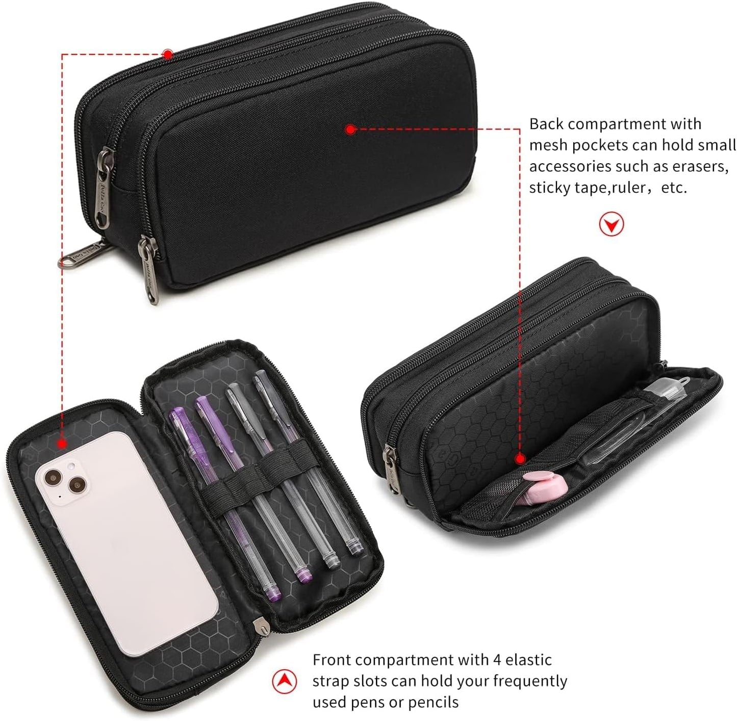 Della Gao Large Pencil Case, Big Capacity Pencil Pouch with 2 Compartments, Office Pencil Bag with Zipper, Big Pen Case for Adults (01-Black)