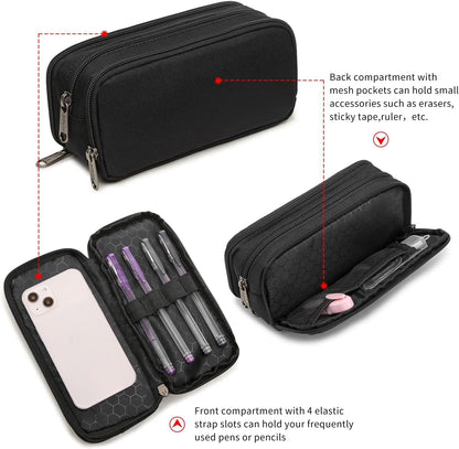 Della Gao Large Pencil Case, Big Capacity Pencil Pouch with 2 Compartments, Office Pencil Bag with Zipper, Big Pen Case for Adults (01-Black)