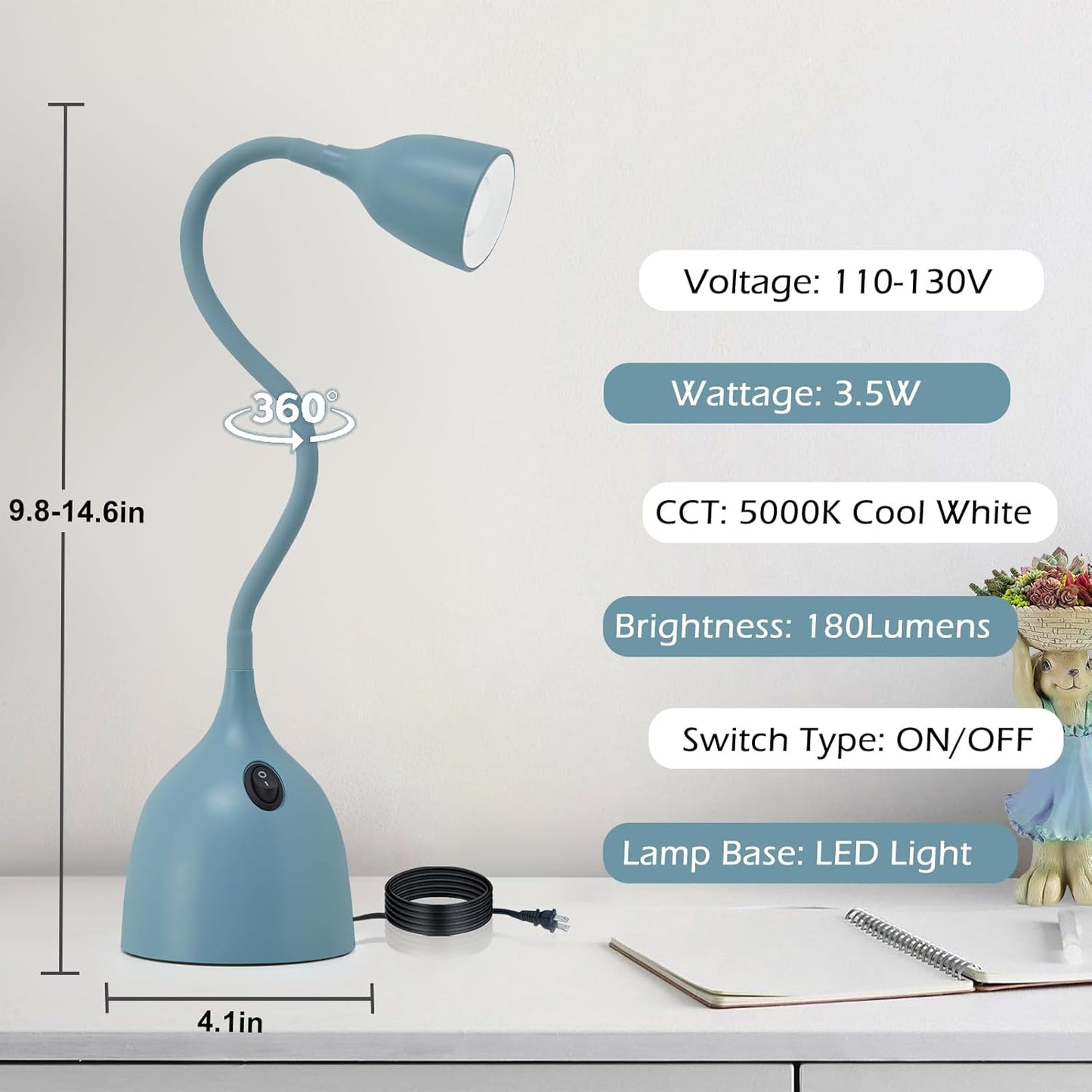EJIAXIN Desk Lamp for Home Office - Clip on Reading Light and Bed Headboard Clamp Lamp, Bedside Gooseneck Table Lamp, Clip on Desk Lamps, Eye-Caring Desk Lamp for College Dorm Room Study Lamp, White