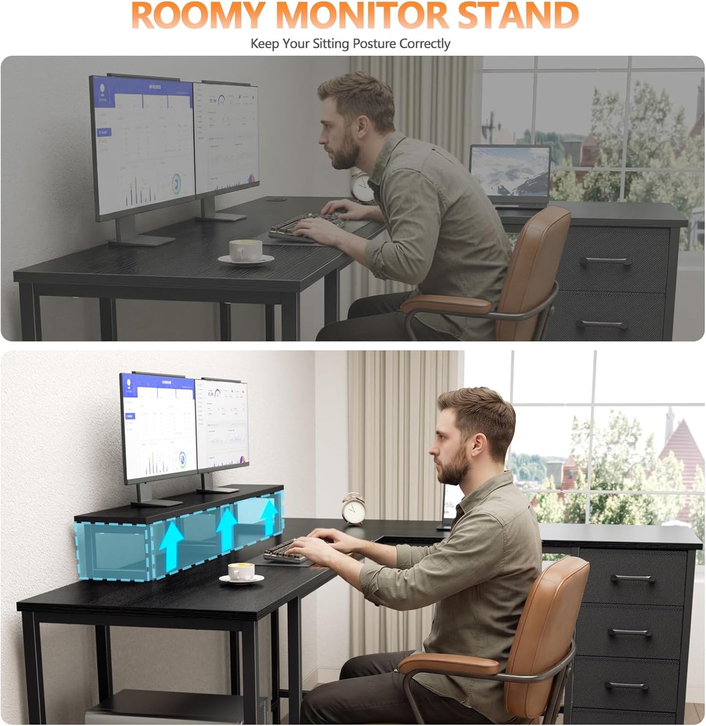 Korfile 59 inch L Shaped Computer Desk with Power Outlets, Home Office Desk with 4 Adjustable Storage Drawers & 2 Monitor Stands, Two Person Gaming Table for Bedroom, Black