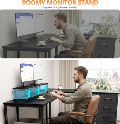 Korfile 59 inch L Shaped Computer Desk with Power Outlets, Home Office Desk with 4 Adjustable Storage Drawers & 2 Monitor Stands, Two Person Gaming Table for Bedroom, Black