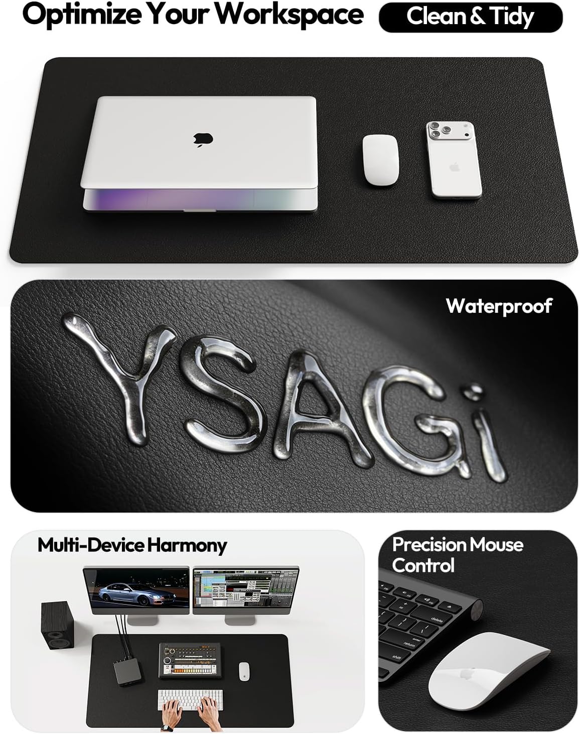 YSAGi Leather Office Desk Pad Protector, Large Mouse Pad, Non-Slip, PU Leather, Laptop Desk Blotter, Waterproof Writing Pad for Office and Home, Black, 23.6" x 13.8" - Colors B