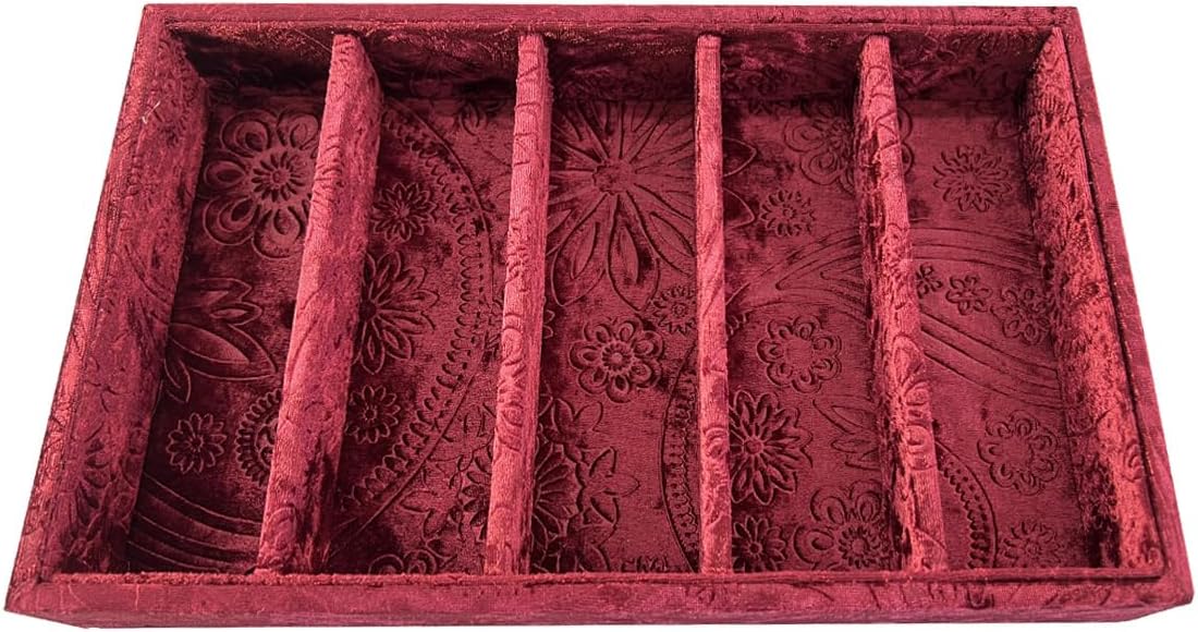 AgentMoon 5-Compartment Velvet Sunglasses & Jewelry Organizer Tray – Adjustable Dividers, Sturdy Wood, Non-Slip Storage for Watches, Glasses, Bracelets, Desk or Drawer.(Tabby Red)