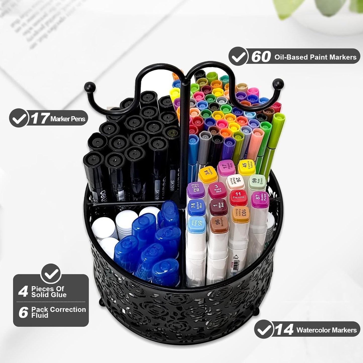 360 Degree Rotate Pen Holder for Desk Mesh Desk Pen Organizer Pencil Holder Large Capacity Accessories & Workspace Organizers for School,Home (Black, No hook)