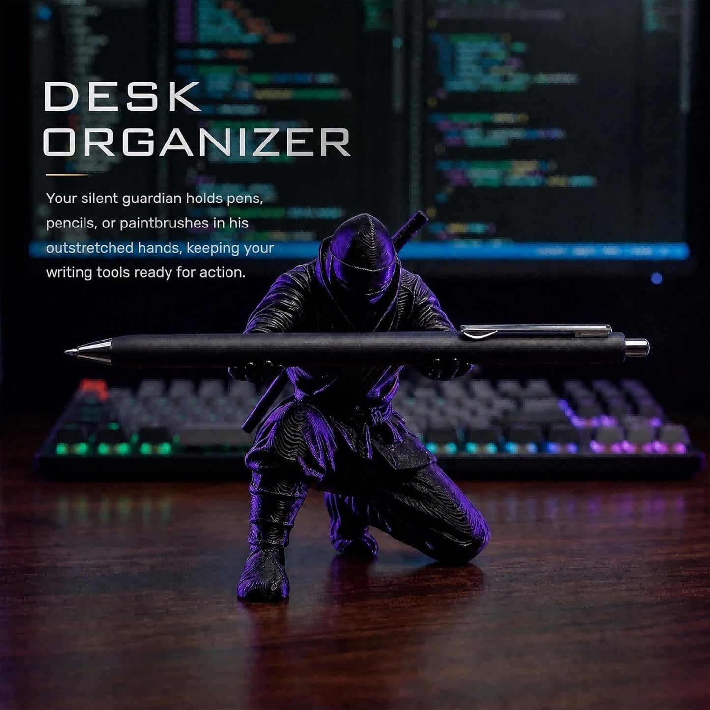 Ninja Pen Holder for Desk - Cool Samurai Figurine Pencil Stand & Office Decor, Gifts for Men