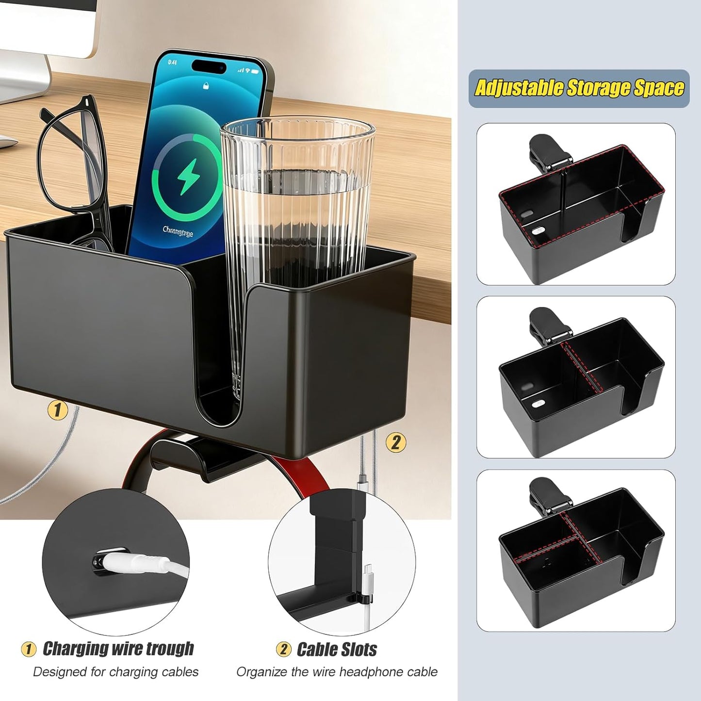 MYITYARD Desk Cup Holder Clamp, Anti-Spill Clip On Table Cup Holder, Rotatable Water Bottle Stand Drink Coffee Mug Storage, Office Accessories for Home and School (Black)
