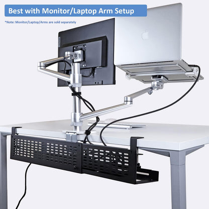 AEONS Under Desk Cable Management Tray Kit - Horizontal Adjustable up to 41” Removable C Clamp Mount Reversible Computer Cord Raceway and Modesty Panel for Large Table, Black