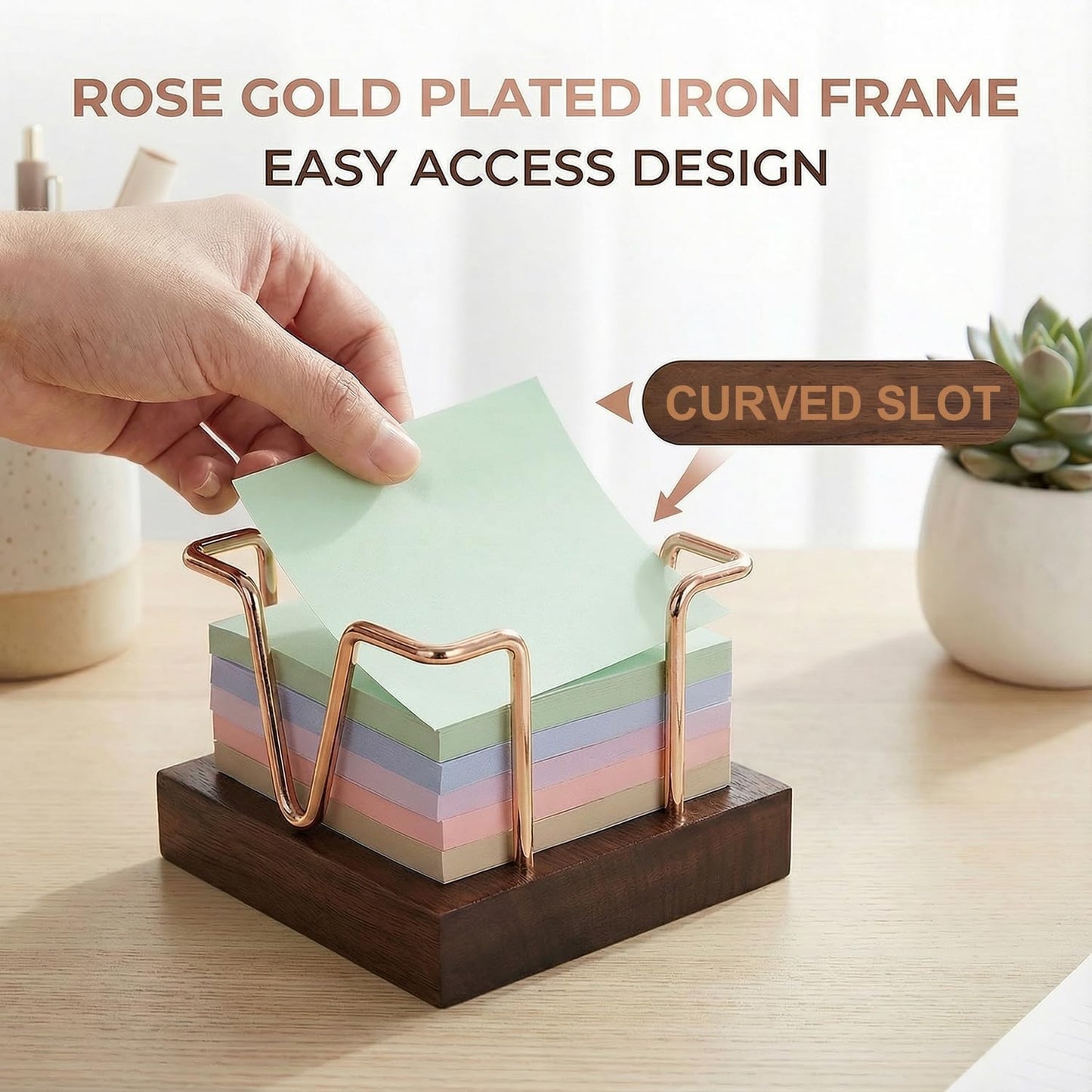 Wood Sticky Note Holder, 3 x 3 inch Self-Stick Note Memo Pad Holder for Desk, Notepad Dispenser for School Office, Gold