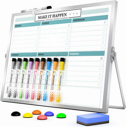 Marsrock Dry Erase White Board with Stand,Double-Sided Weekly Whiteboard 16"x12", 10 Markers, 6 Magnets, 1 Eraser, Portable Desktop Whiteboard for Planning,Weekly Schedule Board for School for Home