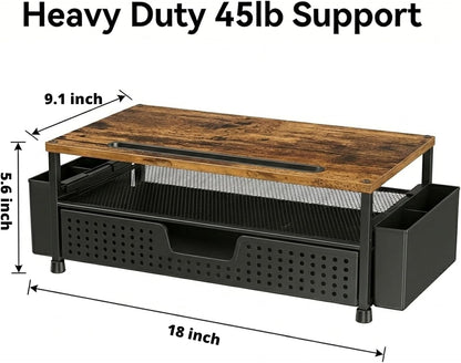 ECOLOVI Desk Organizer and Accessories, 2-Tier Computer Monitor Stand Rise with Storage Drawer & 2 Pen Holders, Laptop & Printer Stand for Desktop, Workspace Organizers for Office Supplies (Brown)