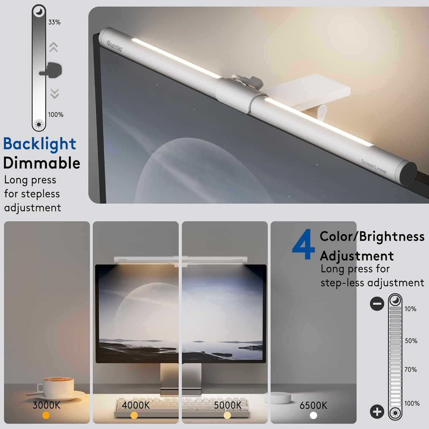 Quntis Computer Monitor Light Bar with Remote, Eye-Care Monitor Light Backlight Desk Lamp for Home Office Gaming, Stepless Dimming Brightness and Color Temperature, No Screen Glare, Gray