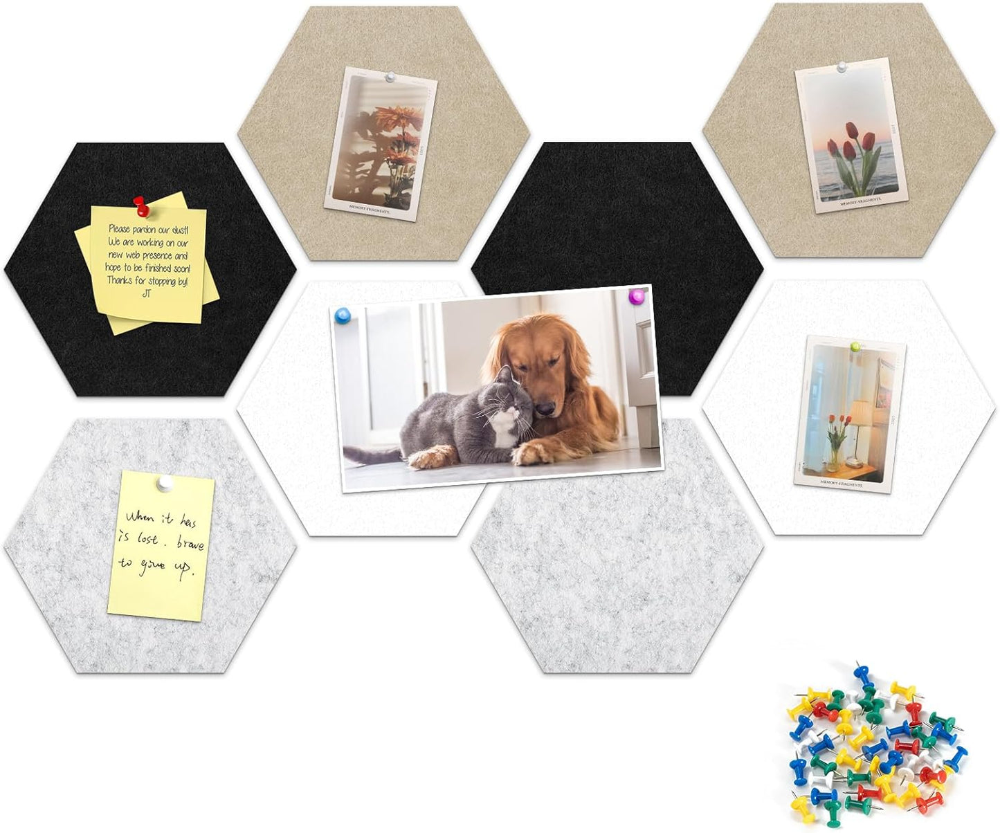 8 Pack Hexagon Felt Bulletin Board Tiles - 12" Large Thick Pin Board for Walls with 30 Push Pins, DIY Boards for Office Home School Decor, Aesthetic Hex Cork Board Alternative