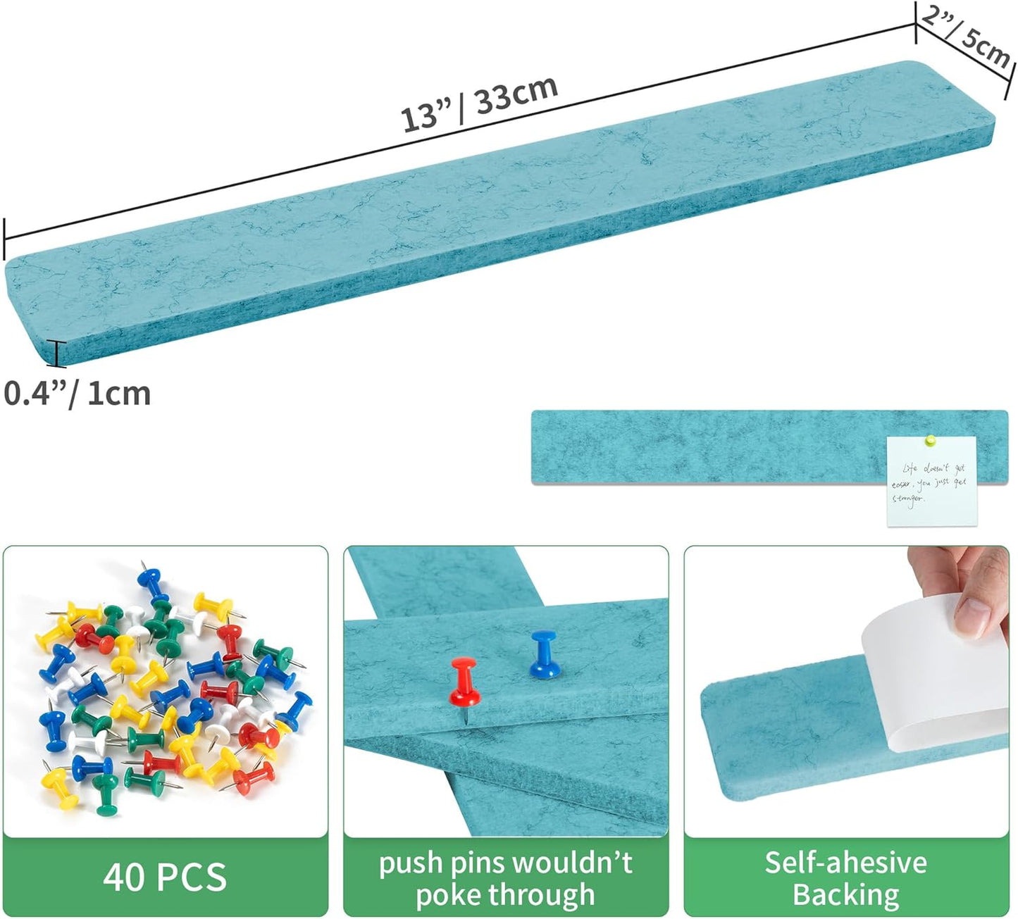 Cork Board for Walls - 8 Pack Felt Pin Board Bar Strips - Self-Adhesive Lightweight Bulletin Board - Cork Board for Office with 40 Push Pins No Damage for Wall