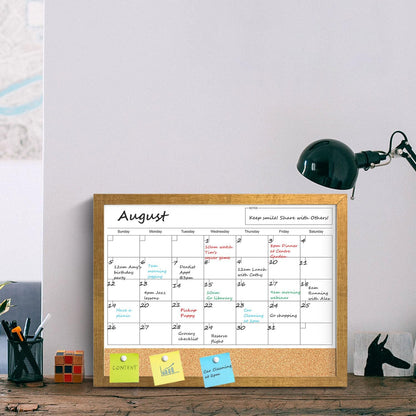 Calendar Whiteboard for Wall, TANKEE 17x13 Inches Whiteboard Calendar Cork Board Combo, Small Magnetic White Board with Wood Framed, Hanging Dry Erase Board for Kitchen Home Office School Planner