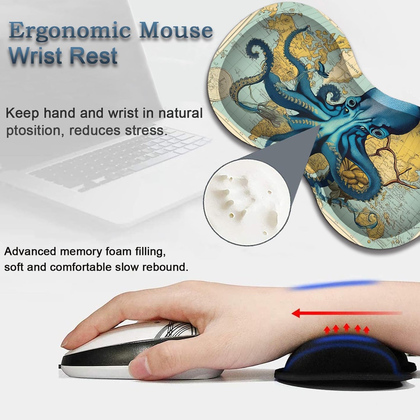 Mouse Wrist Rest and Keyboard Wrist Rest Pad Set, Non-Slip Rubber Base Smooth Surface Ergonomic Gaming Mouse Pad for Easy Typing and Pain Relief, Antique Blue Wood Grain Dog Paw + Coaster